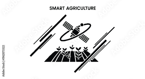 Monochrome smart agriculture symbol illustrates satellite technology overseeing cultivated field rows with sprouting seedlings against dynamic abstract lines.