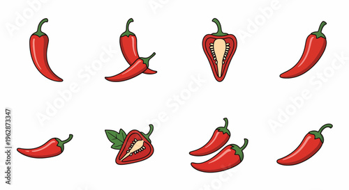 Red chili peppers in various orientations on plain surface