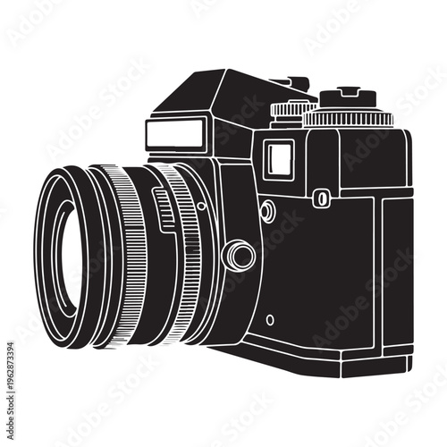 Vintage film camera drawing with black and white tones featuring an old aesthetic look.