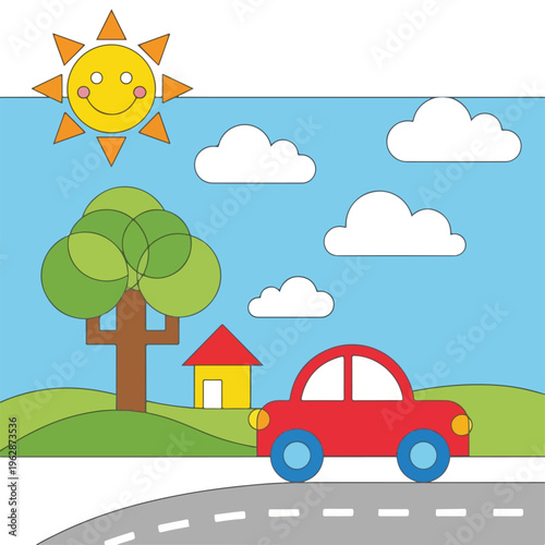A cheerful cartoon scene with a red car and smiling sun