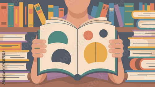 A person reading a book with colorful pages in a library with many books on the shelves