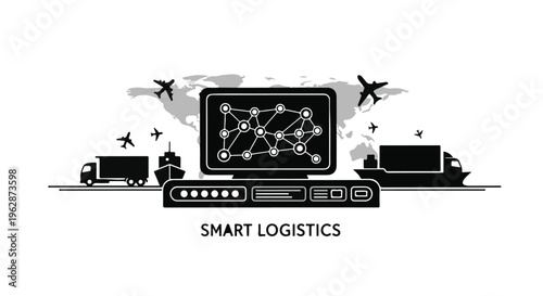 Digital smart logistics concept features a central computer screen displaying a network connection over silhouettes of global transport like trucks, ships, and airplanes.