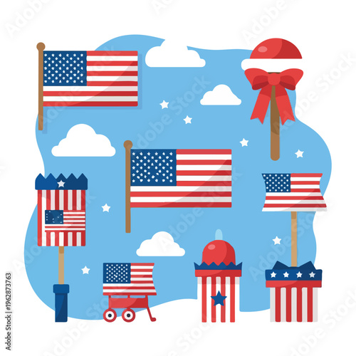 Patriotic illustration featuring stylized flags and whimsical decorations on a sky blue backdrop
