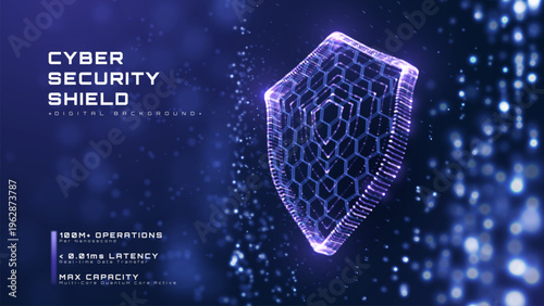 Abstract cyber security background showing digital shield. Modern data protection concept with glowing neon hexagon grid. Vector illustration.