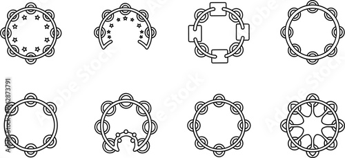 Tambourine line vector icon set with percussion instrument variations circular music elements collection isolated design