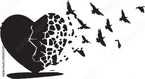 A black heart shape is shattering into many pieces that transform into flying birds