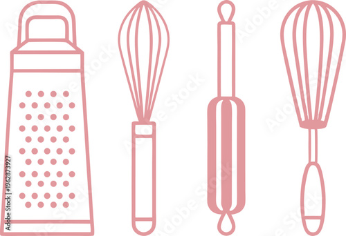 Professional pink kitchen baking tools set with grater and whisks in line art style vector,Generative Ai