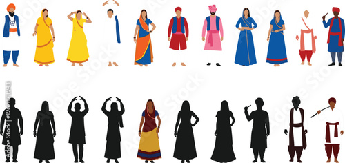 Indian people traditional costumes set, men women cultural clothing, regional outfits silhouettes, ethnic India characters collection, vector illustration