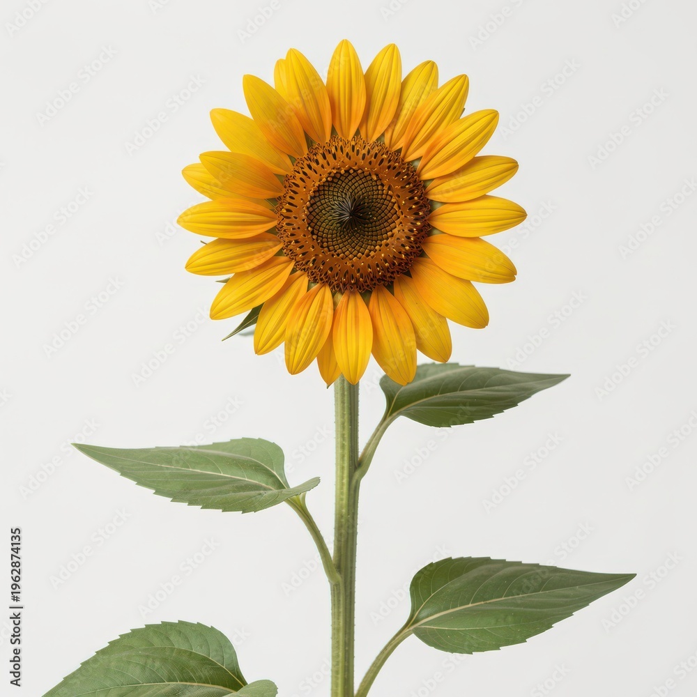 Fototapeta premium Bright Yellow Sunflower Isolated on White Background with Green Stem and Leaves