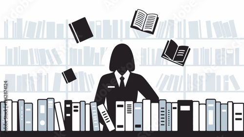 A silhouette of a businesswoman surrounded by books and documents in a library setting.