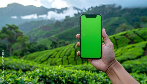 Hand Holding Smartphone with Green Screen Over Lush Tea Plantation Landscape.