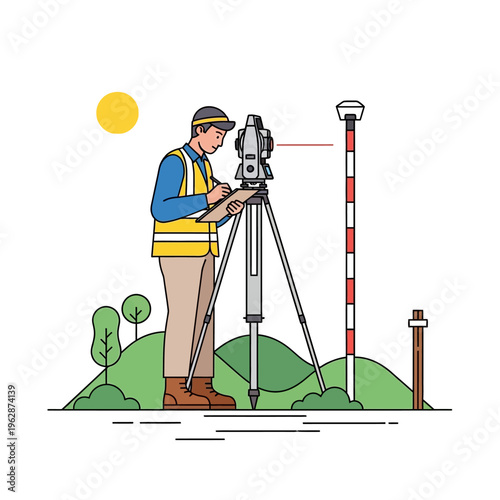 Land Surveyor Using Total Station for Topographic Measurement - Civil Engineering and Construction Illustration