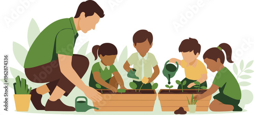 A male teacher helping small school children plant seeds in wooden boxes during class