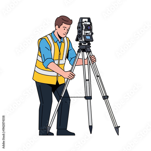 Male Surveyor Operating a Total Station Theodolite on a Tripod, Professional Land Surveying and Civil Engineering Illustration Isolated on White Background