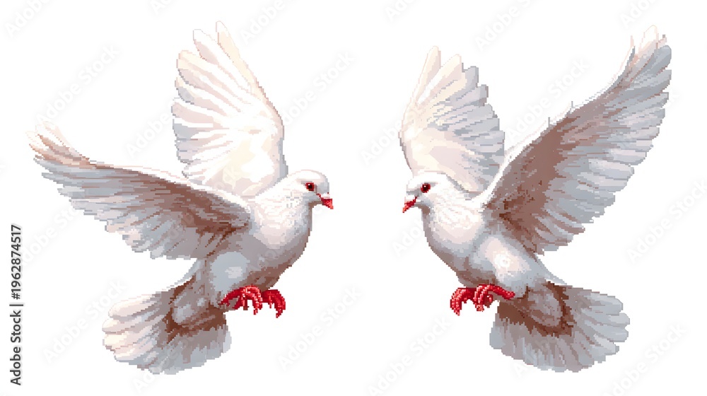Fototapeta premium Two White Pigeon Birds Flying Together With Wide Spread Wings
