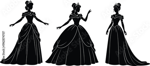 Princess silhouettes collection, elegant royal women in ball gowns, fairy tale characters, vintage style dresses, vector illustration