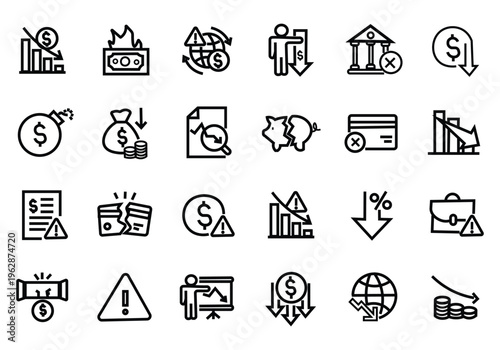 Financial crisis icon set. Editable line icons. Vector illustration.
