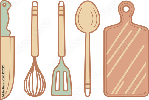 Essential kitchen cooking tools set with knife and spatula in clean line art style vector,Generative Ai