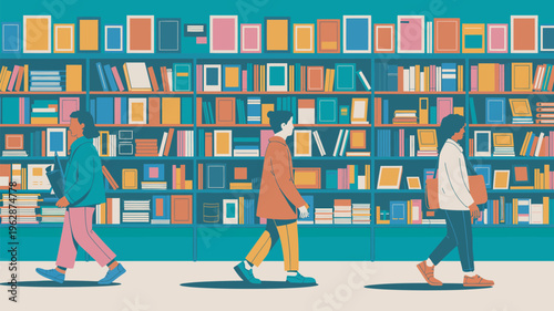 Three people walking in front of a large colorful bookshelf in a library or bookstore