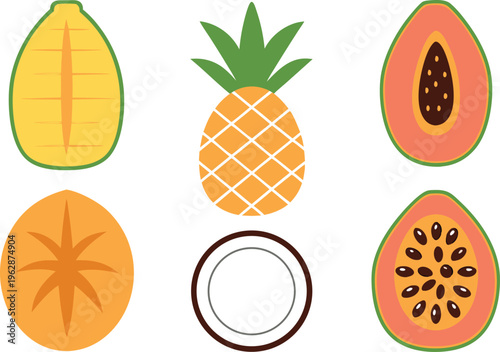 Exotic tropical fruit set with pineapple and papaya in minimalist flat style vector,Generative Ai