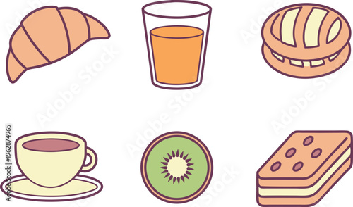 Diverse snack and beverage collection with croissant coffee and kiwi in flat style vector,Generative Ai