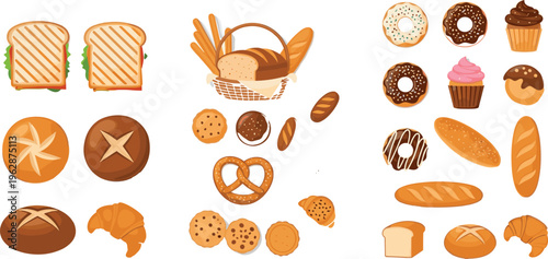 Bakery products assortment with bread basket, donuts, cupcakes, cookies, croissants and sandwiches vector illustration set, fresh baked goods collection isolated on background