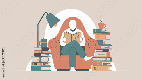 A person sitting comfortably in an armchair reading a book surrounded by stacks of books and a warm lamp