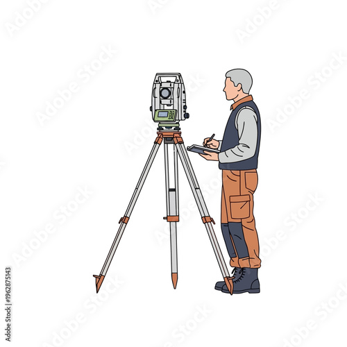 Professional Land Surveyor Using Total Station Theodolite on Tripod, Civil Engineering Mapping and Site Survey Illustration isolated on white background