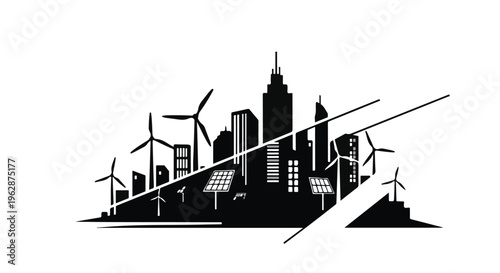 Monochrome cityscape merges modern skyscrapers with renewable energy sources including wind turbines and solar panels illustrating sustainable urban development.