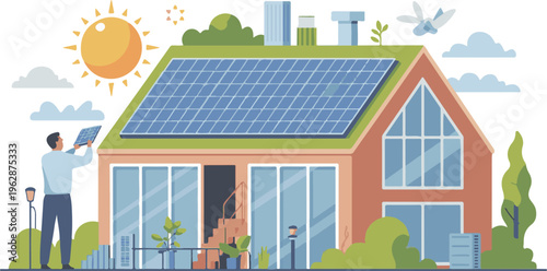 A man installs solar panels on a modern house rooftop under the bright sun