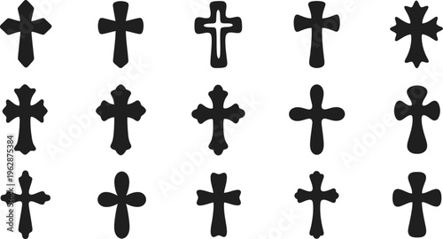 Fifteen Black Christian Cross Icons with Varied Shapes on White christianity religion