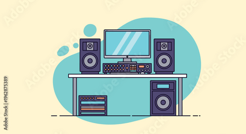 Computer workstation with monitor and speakers.