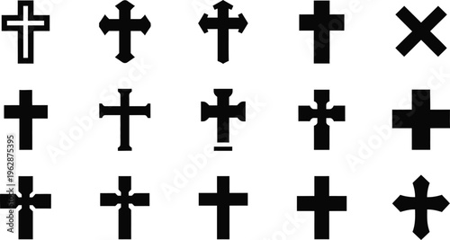 Fifteen Black Christian Cross Silhouettes on White Background christianity religion