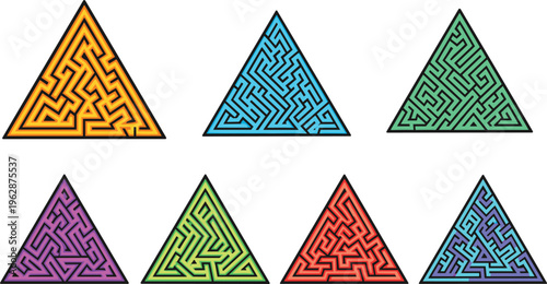 Triangle maze vector set with colorful labyrinth puzzle shapes geometric design collection isolated modern elements