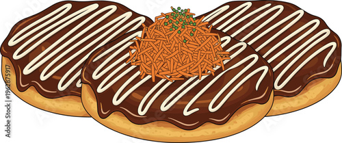 Chocolate glazed donuts with white icing drizzle and shredded topping vector illustration, delicious bakery dessert pastry isolated on background, sweet snack food concept