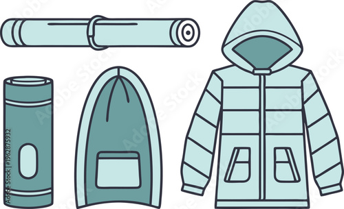 Winter apparel set with puffer jacket and camping gear in flat vector style,Generative Ai