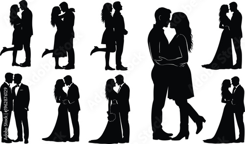 Romantic couple silhouettes collection, kissing lovers poses, wedding bride groom figures, love relationship vector illustration
