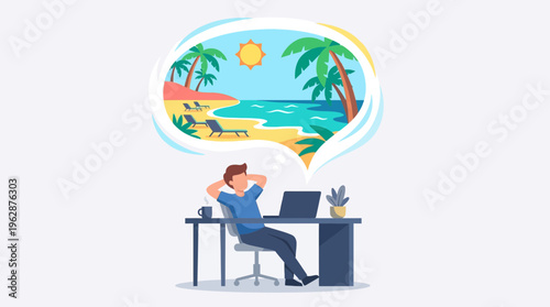 2d vector illustration of a remote worker dreaming of a tropical beach vacation, symbolizing hybrid work stress.
