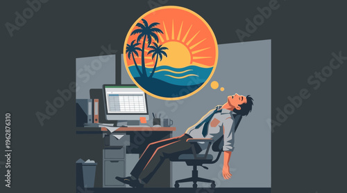2d vector of a stressed man in a dark office cubicle, daydreaming of a vibrant beach vacation from remote work.