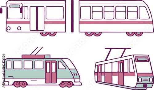 Public transportation icons set featuring city buses and modern streetcars in a retro color palette illustration Vector,Generative Ai