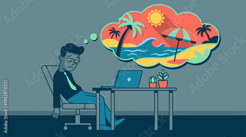 Tired employee in 2d vector illustration dreams of vibrant beach, stressed by hybrid work.