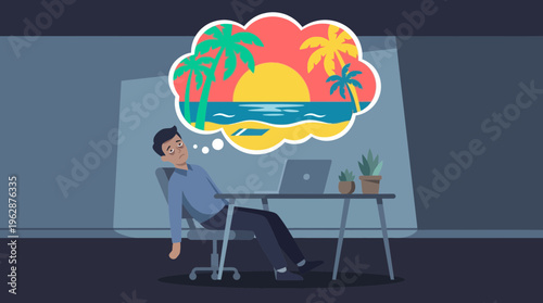 A tired employee, working remotely in a dark office, dreams of a vibrant tropical vacation in this 2d vector illustration.