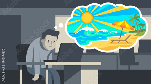 Stressed man in a gray 2d vector office, highlighting hybrid work challenges, dreams of a colorful beach vacation.