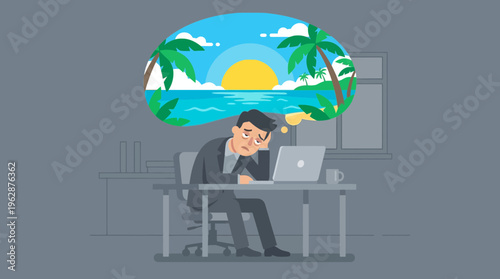 2d vector illustration of a stressed man in an office dreaming of a tropical vacation during hybrid work.