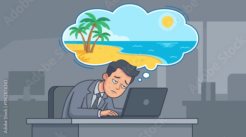 This 2d vector shows a stressed employee, tired from hybrid work, dreaming of a beach vacation.