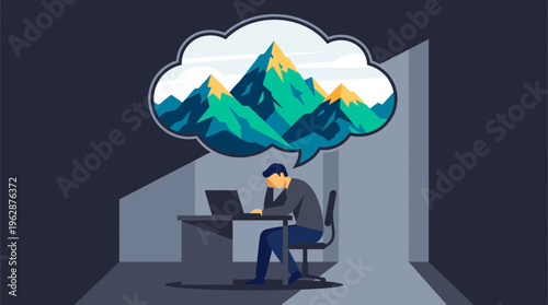2d vector of a man stressed by remote work, dreaming of vacation, symbolizing hybrid work challenges.