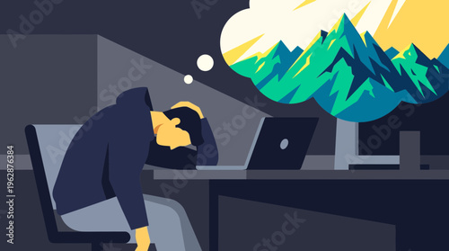 Stressed remote worker in a dark office dreams of a vibrant mountain vacation in this 2d vector illustration.