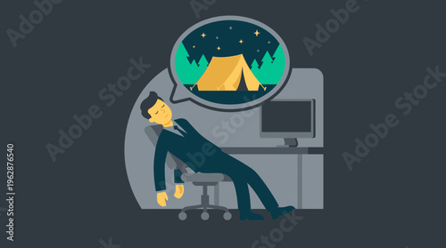 A stressed businessman in a dark office dreams of a peaceful camping vacation, illustrating hybrid work challenges.