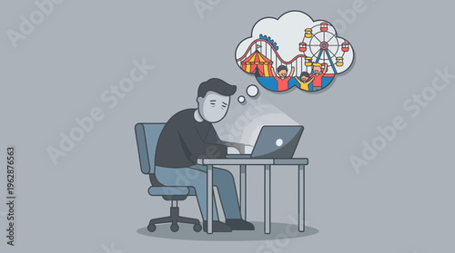 2d vector of a stressed man working remotely, dreaming of vacation, symbolizing hybrid work challenges.