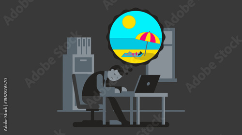 A stressed employee working remotely at a dark desk dreams of a sunny beach vacation in this 2d vector illustration.